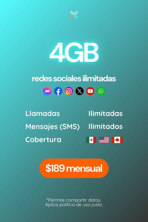 4GB Plan POPULAR mensual. Llamadas, SMS y redes sociales ilimitadas. Cobertura México, Estados Unidos y Canadá